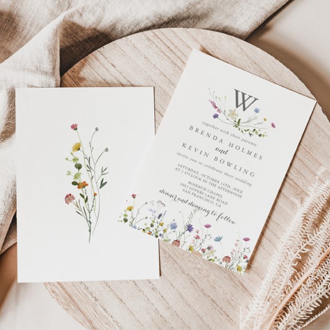 Colourful Dainty Wild Flowers Monogram Wedding Invitation (Creator Uploaded)