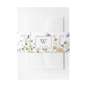 Colourful Dainty Wild Flowers Monogram Wedding Invitation Belly Band