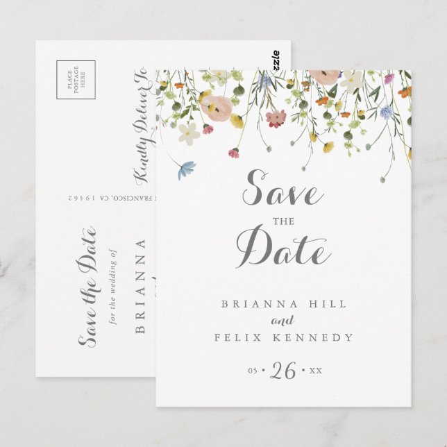 Colourful Dainty Wild Flowers Save the Date Postcard (Front/Back)