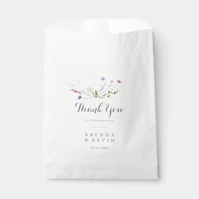 Colourful Dainty Wild Flowers Thank You Wedding Favour Bag (Front)
