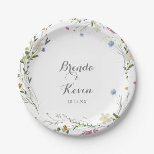 Colourful Dainty Wild Flowers Wedding Cake Paper Plate