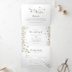 Colourful Dainty Wild Flowers Wedding Tri-Fold Invitation