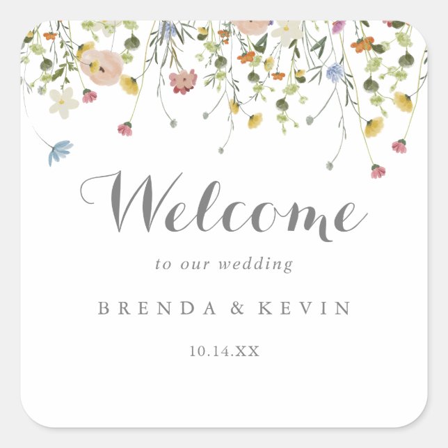 Colourful Dainty Wild Flowers Wedding Welcome Square Sticker (Front)