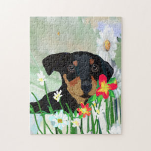 Colourful Daisies and Doberman Pincher Puppy Jigsaw Puzzle