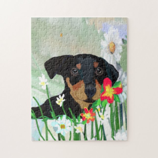 Colourful Daisies and Doberman Pincher Puppy Jigsaw Puzzle (Vertical)