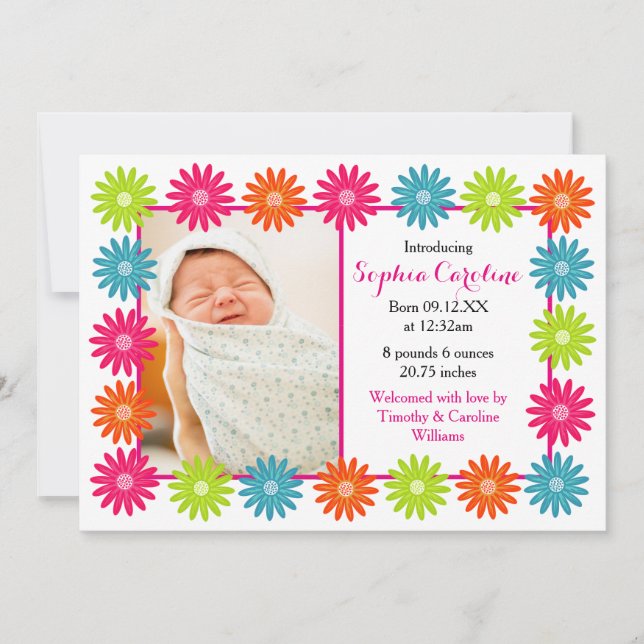 Colourful Daisies - Birth Announcement (Front)