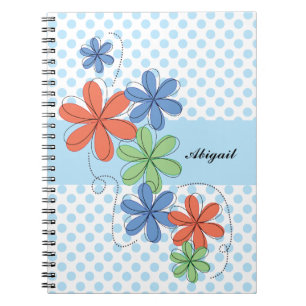 Colourful daisies, blue polka dots, personalized notebook