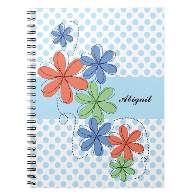 Colourful daisies, blue polka dots, personalized notebook (Front)