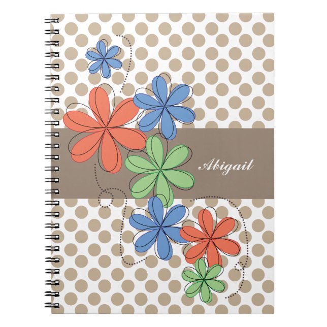 Colourful daisies, brown polka dots, personalized notebook (Front)