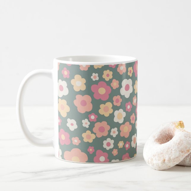 Colourful Daisies Floral Retro Pattern Pastel Coffee Mug (With Donut)