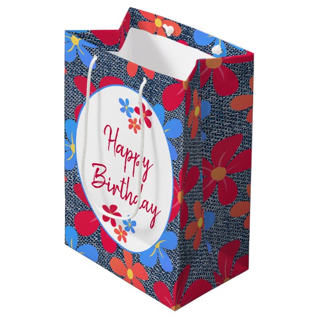 Colourful Daisies On Blue Jean Denim Medium Gift Bag (Front Angled)
