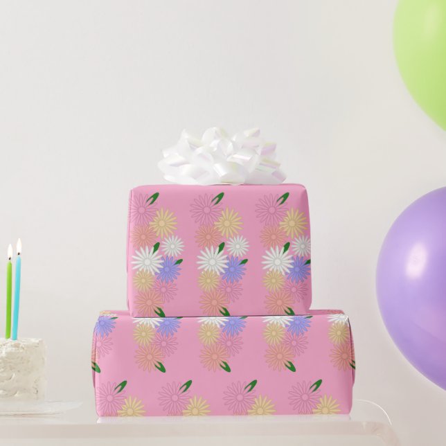Colourful Daisies Pattern on Carnation Pink Wrapping Paper (Party Gifts)