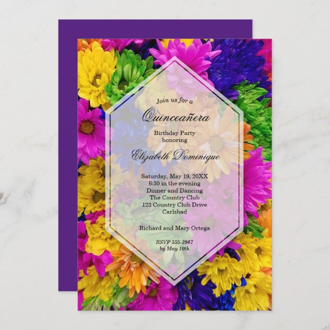 Colourful Daisies Quinceañera Birthday Invitations (Front/Back)