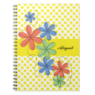 Colourful daisies, yellow polka dots, personalized notebook