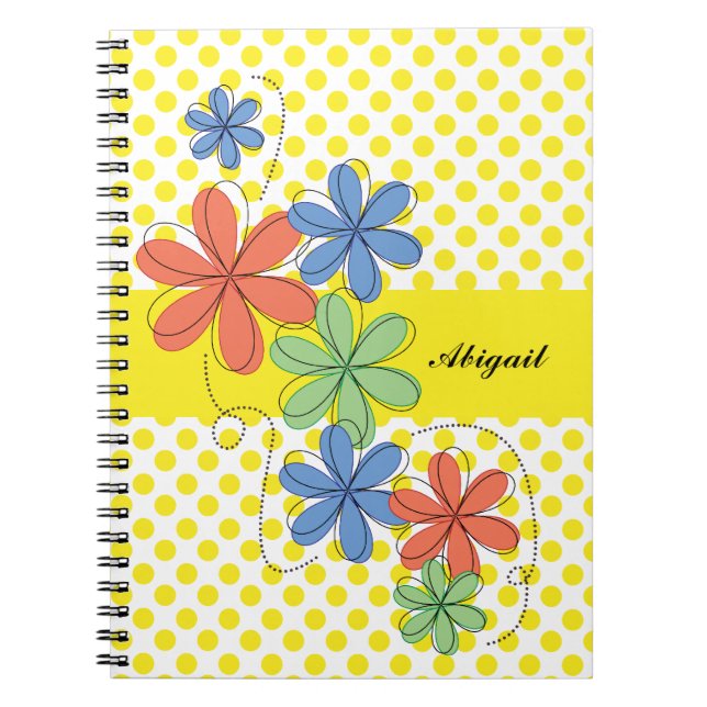 Colourful daisies, yellow polka dots, personalized notebook (Front)