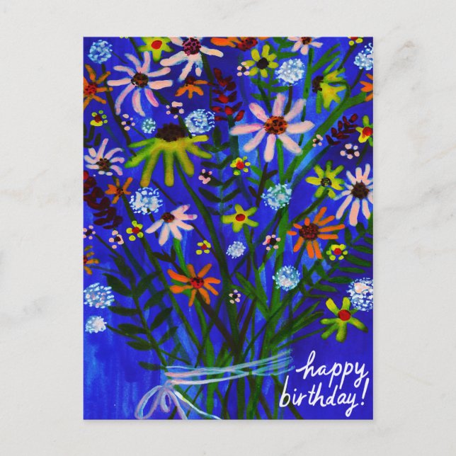 Colourful Daisy Bouquet Blue Colourful Birthday Postcard (Front)