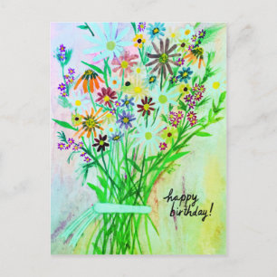 Colourful Daisy Bouquet Happy Birthday Green Postcard