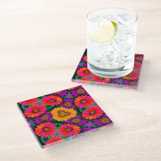 Colourful Daisy Bouquet Pattern Glass Coaster (Angled)