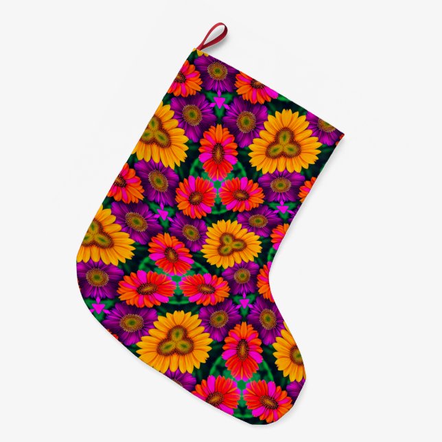 Colourful Daisy Bouquet Pattern Large Christmas Stocking (Front (Hanging))