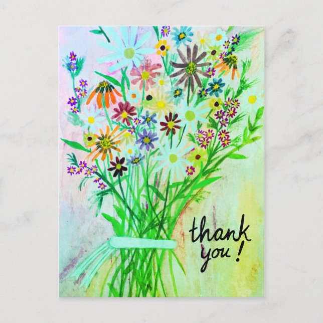 Colourful Daisy Bouquet Thank You Green Postcard (Front)