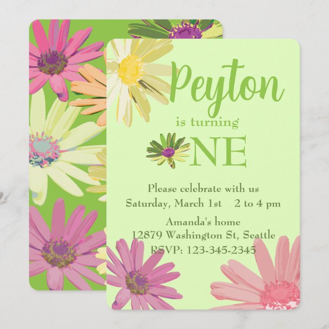 Colourful Daisy First Birthday Invitation (Front/Back)