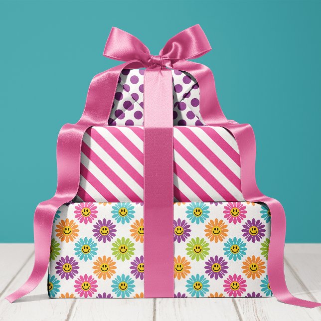 Colourful Daisy Floral Stripes Polka Dot Wrapping Paper Sheet (Creator Uploaded)
