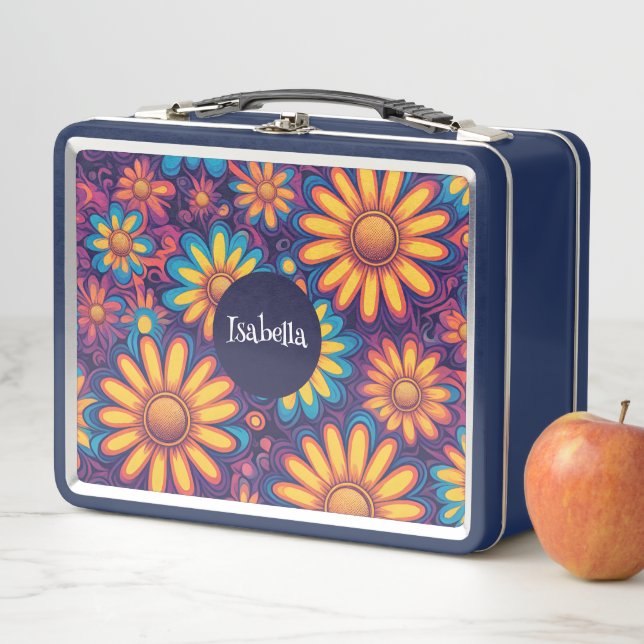 Colourful Daisy flower rustic psychedelic pattern Metal Lunch Box (In Situ)