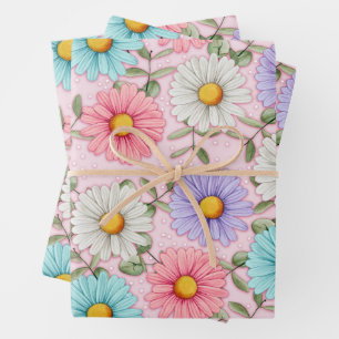 Colourful Daisy Flowers Pink  Wrapping Paper Sheet