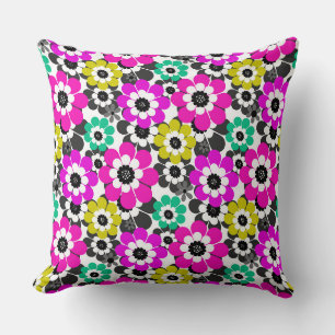 Colourful daisy flowers Pink Yellow Green Retro Throw Pillow