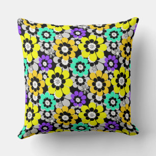 Colourful daisy flowers Yellow Turquoise Purple Throw Pillow