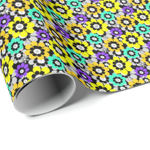 Colourful daisy flowers Yellow Turquoise Purple  Wrapping Paper