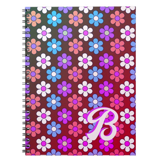 Colourful Daisy Pattern Retro Monogram Notebook (Front)