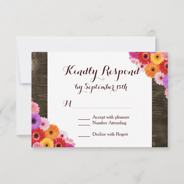 Colourful Daisy Rustic Barn Wood Wedding RSVP Card (Front)