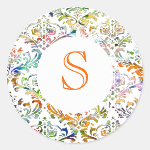 Colourful Damask Customizable Monogram Classic Round Sticker