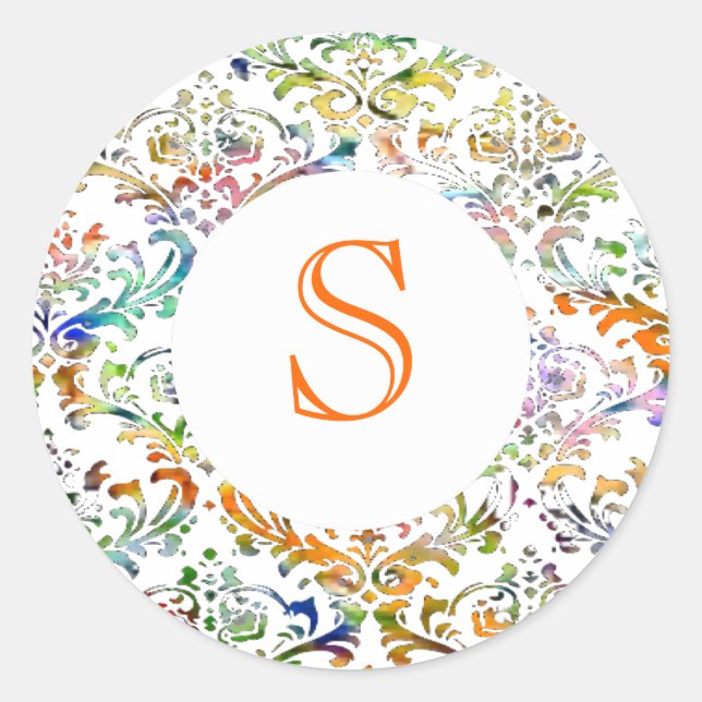 Colourful Damask Customizable Monogram Classic Round Sticker (Front)