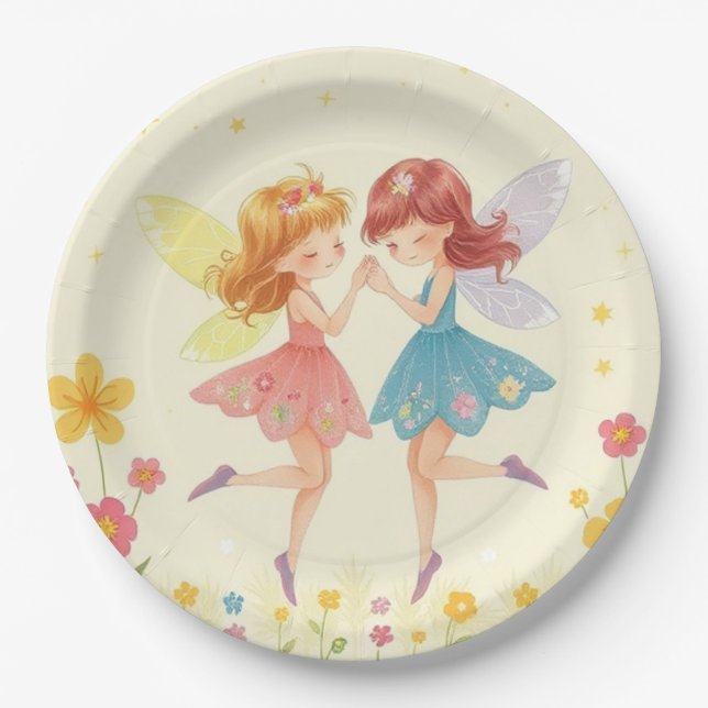 Colourful Dancing Floral Fairies3 & Gold Glitter Paper Plate (Front)