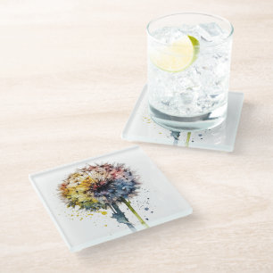 Colourful dandelion in rainbow watercolor glass coaster