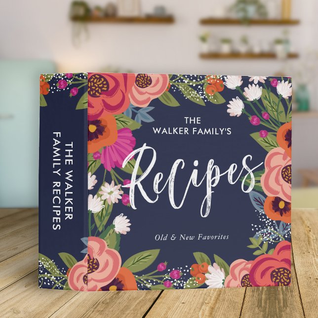 Colourful Dark Blue Boho Flowers Recipes 3 Ring Bi Binder (Creator Uploaded)