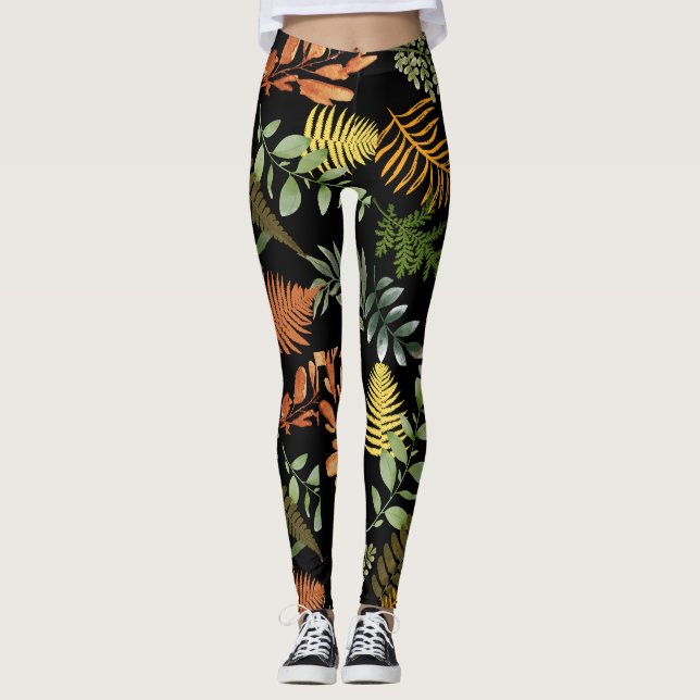 Colourful Dark Fern Botanical Foliage Floral Print Leggings (Front)