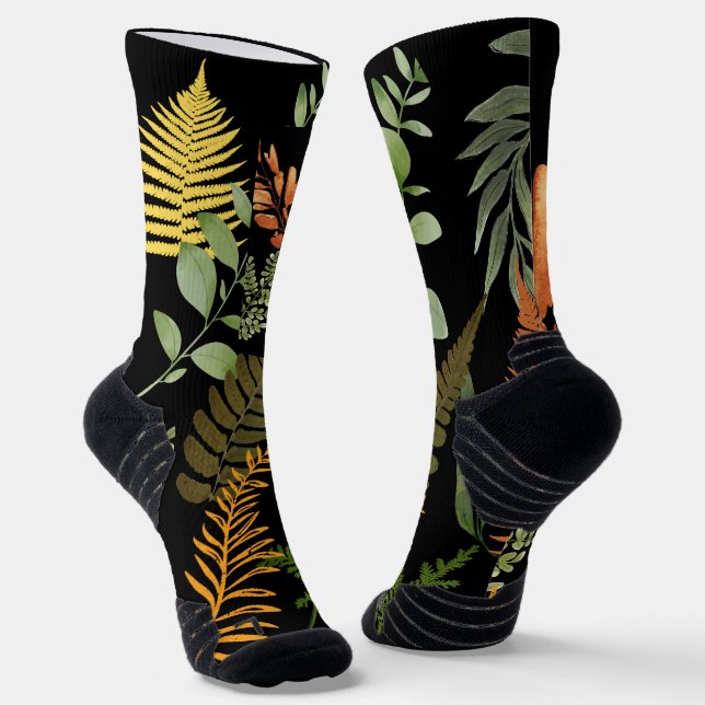 Colourful Dark Fern Botanical Foliage Floral Socks (Angled)