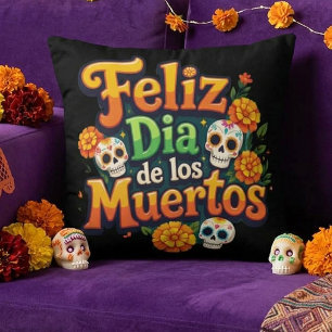 Colourful Day of the Dead Candy Skulls Marigolds Throw Pillow