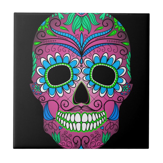 Colourful Day of the Dead Grunge Sugar Skull Tile (Front)