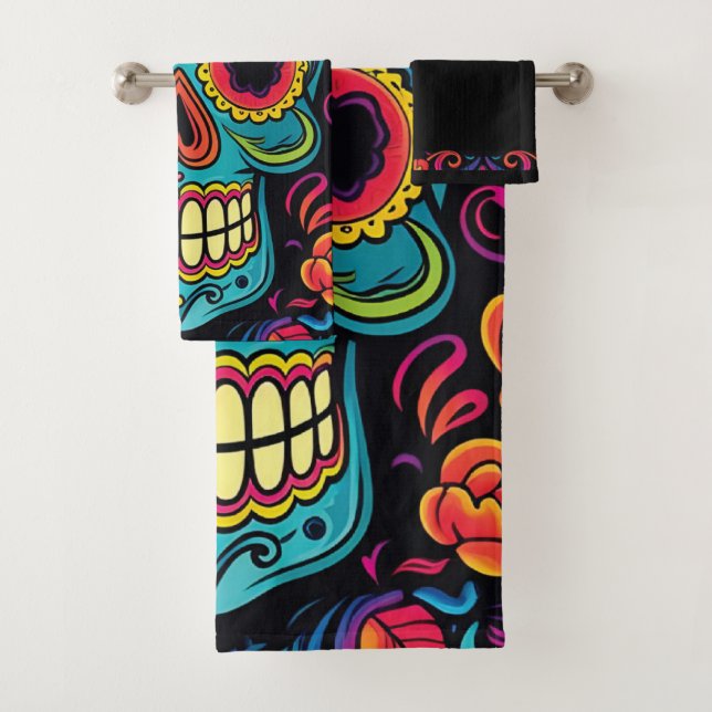 Colourful Day of the Dead Sugar Skull Halloween  Bath Towel Set (Insitu)