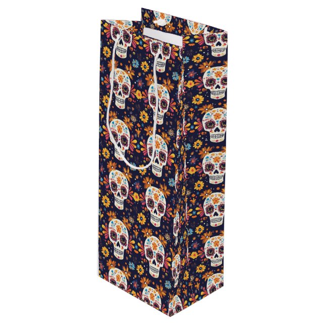 Colourful day of the dead sugar skull seamless pat wine gift bag (Front Angled)