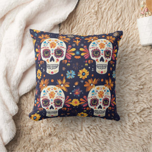 Colourful day of the dead sugar skull throw pillow