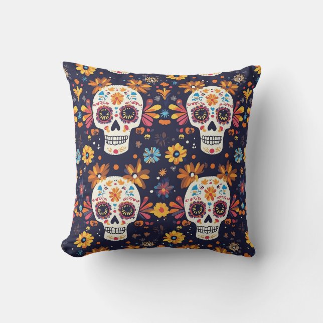 Colourful day of the dead sugar skull throw pillow (Front)
