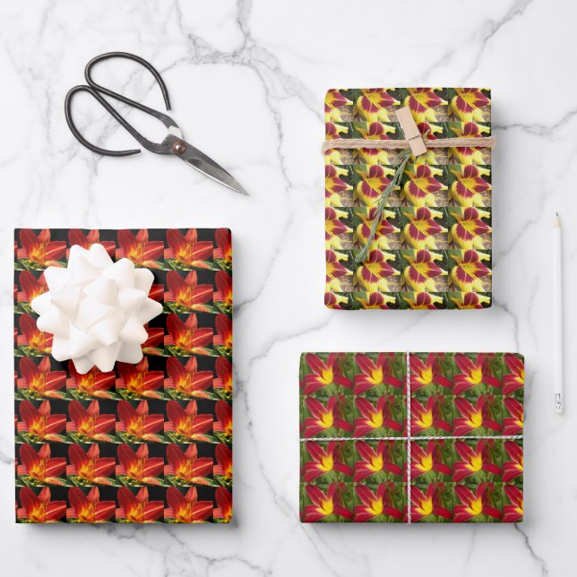 Colourful Daylilies Floral Pattern Wrapping Paper Sheet (Front)