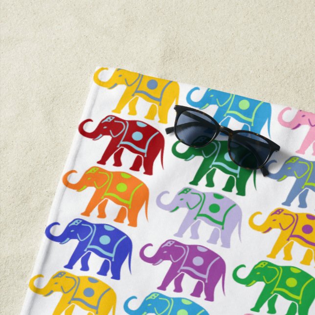 Colourful Decorative Elephants Pattern Beach Towel (In Situ)
