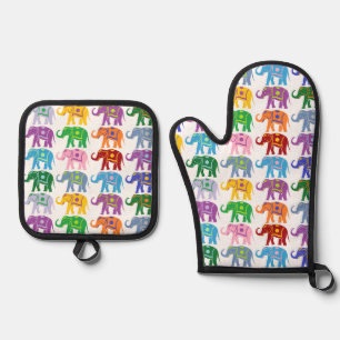 Colourful Decorative Elephants Pattern Oven Mitt & Pot Holder Set