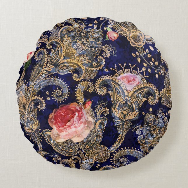 Colourful Decorative Flowers Batik Round Pillow (Front)